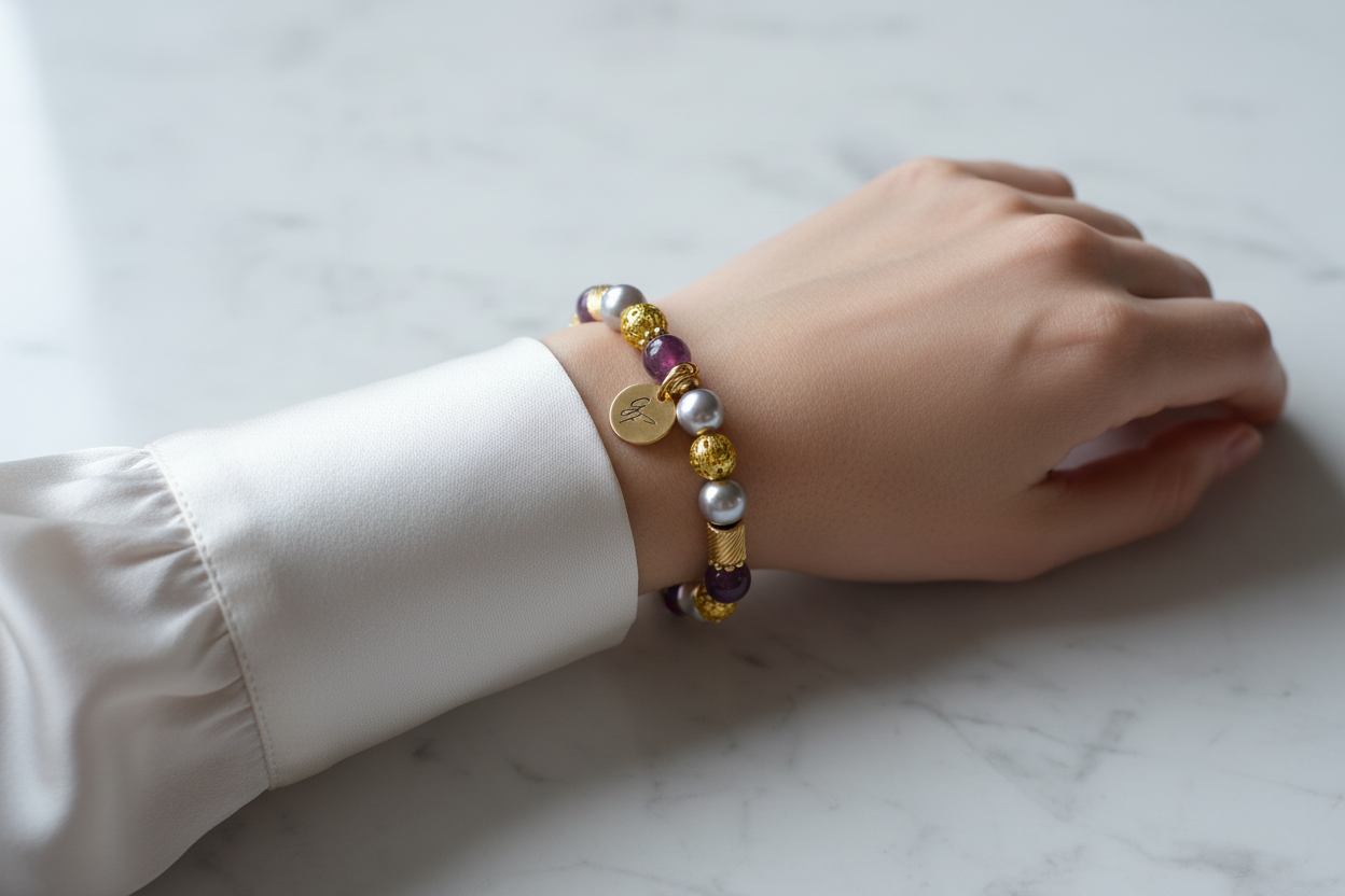 Bracelet améthyste, gris perle & or — blouse soie blanc nacré