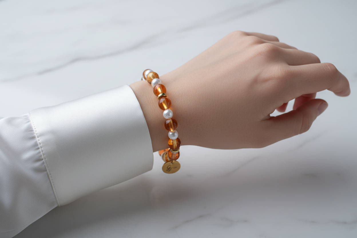 Bracelet ambre & perles blanches — blouse soie blanc nacré