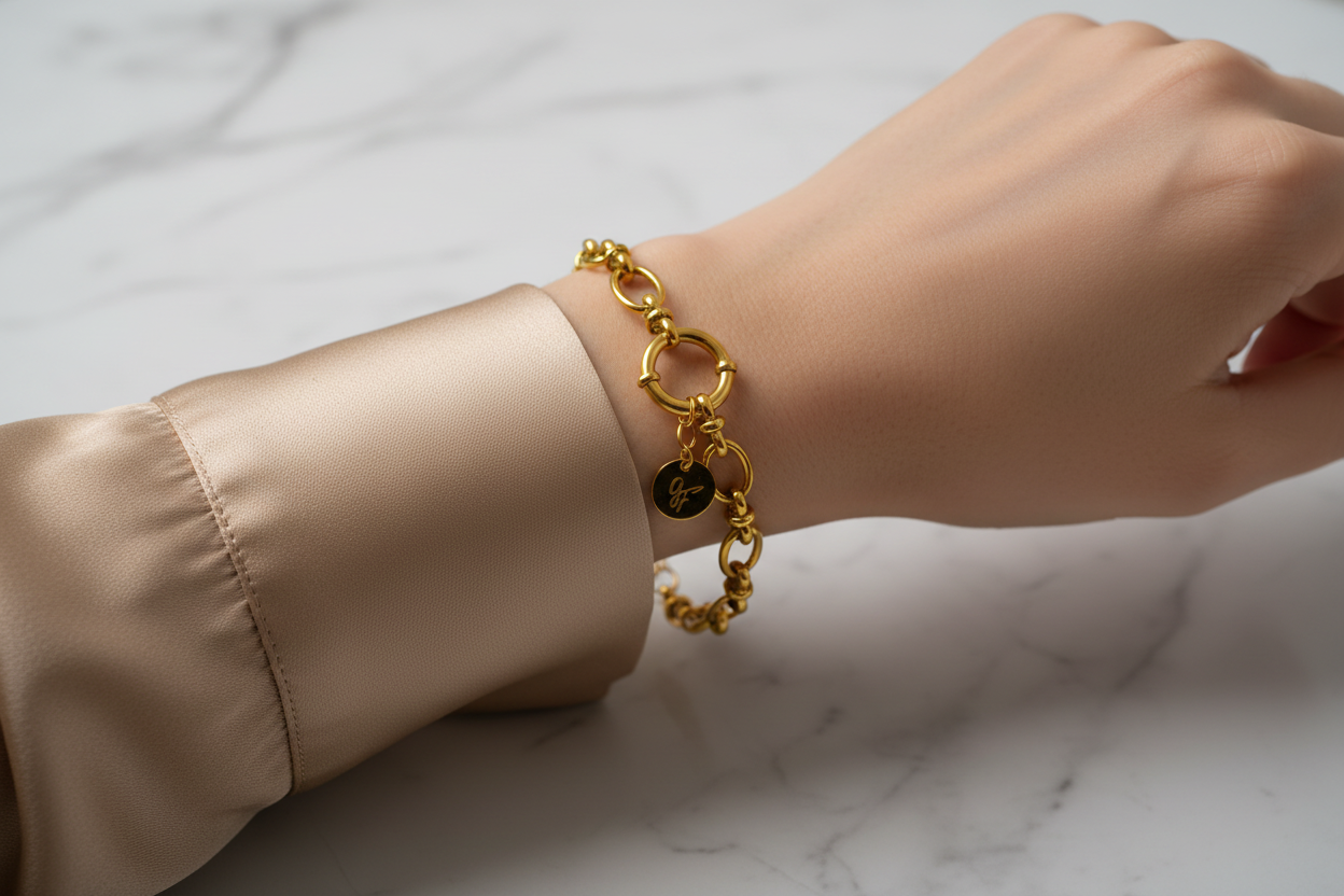 Bracelet chaîne anneaux dorés — blouse soie satin beige