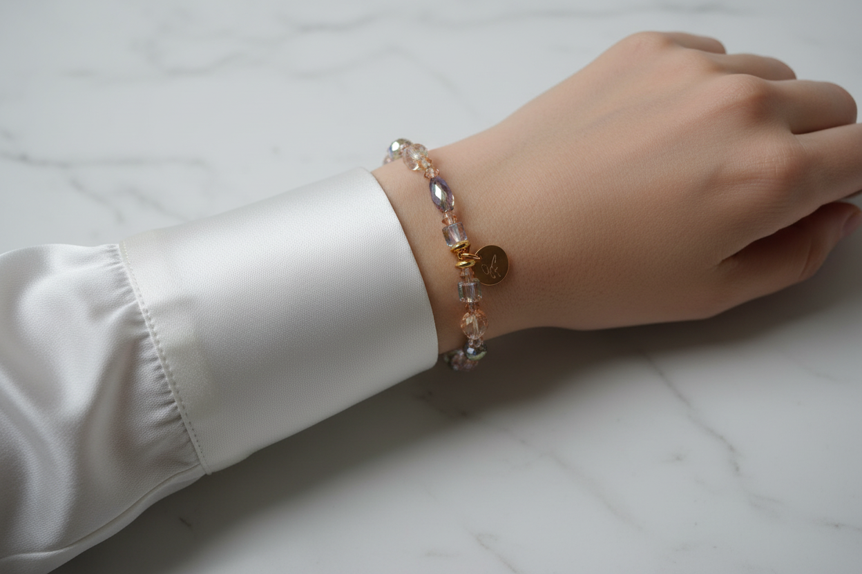 Bracelet cristal multicolore pastel — blouse soie blanc nacré