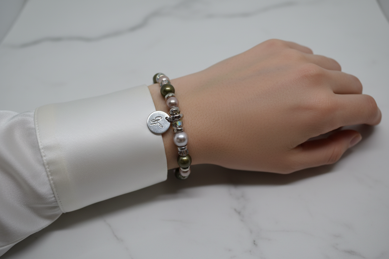 Bracelet kaki, rose poudré & cristaux AB — blouse soie blanc nacré
