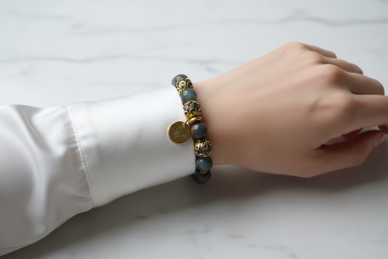 Bracelet labradorite bleu-gris & or filigrané — blouse soie blanc nacré