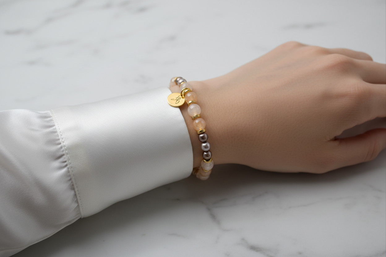 Bracelet nude & or — blouse soie blanc nacré