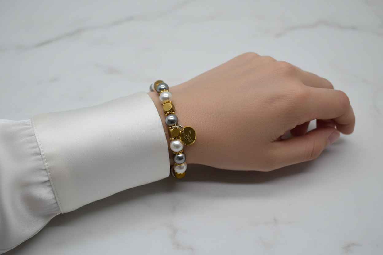 Bracelet perles blanches, grises & cubes dorés — blouse soie blanc nacré