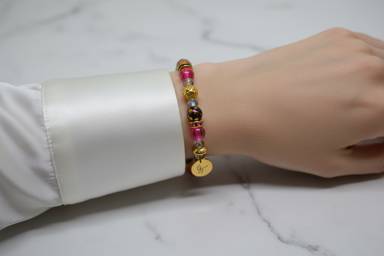 Bracelet perles dorées & fuchsia festif — blouse soie blanc nacré