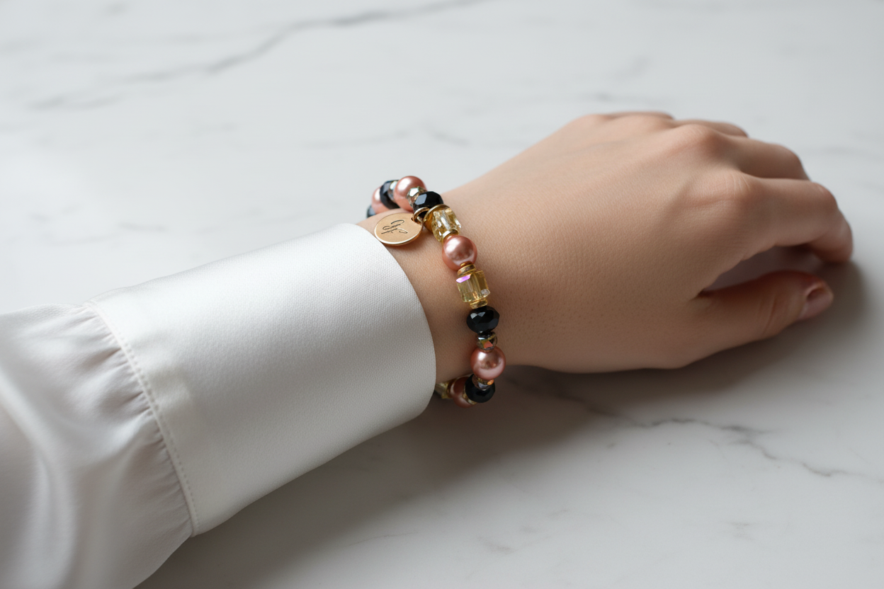 Bracelet rose & noir glamour — blouse soie blanc nacré