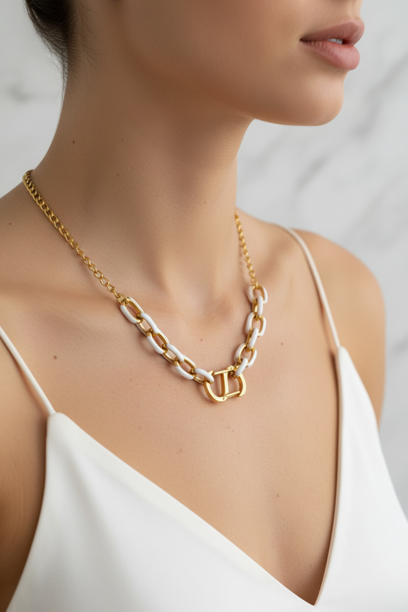 Collier Blanc Or Fermoir Mousqueton