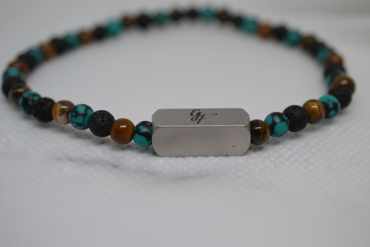 Zoom détail — Bracelet multistone turquoise/onyx/œil de tigre homme