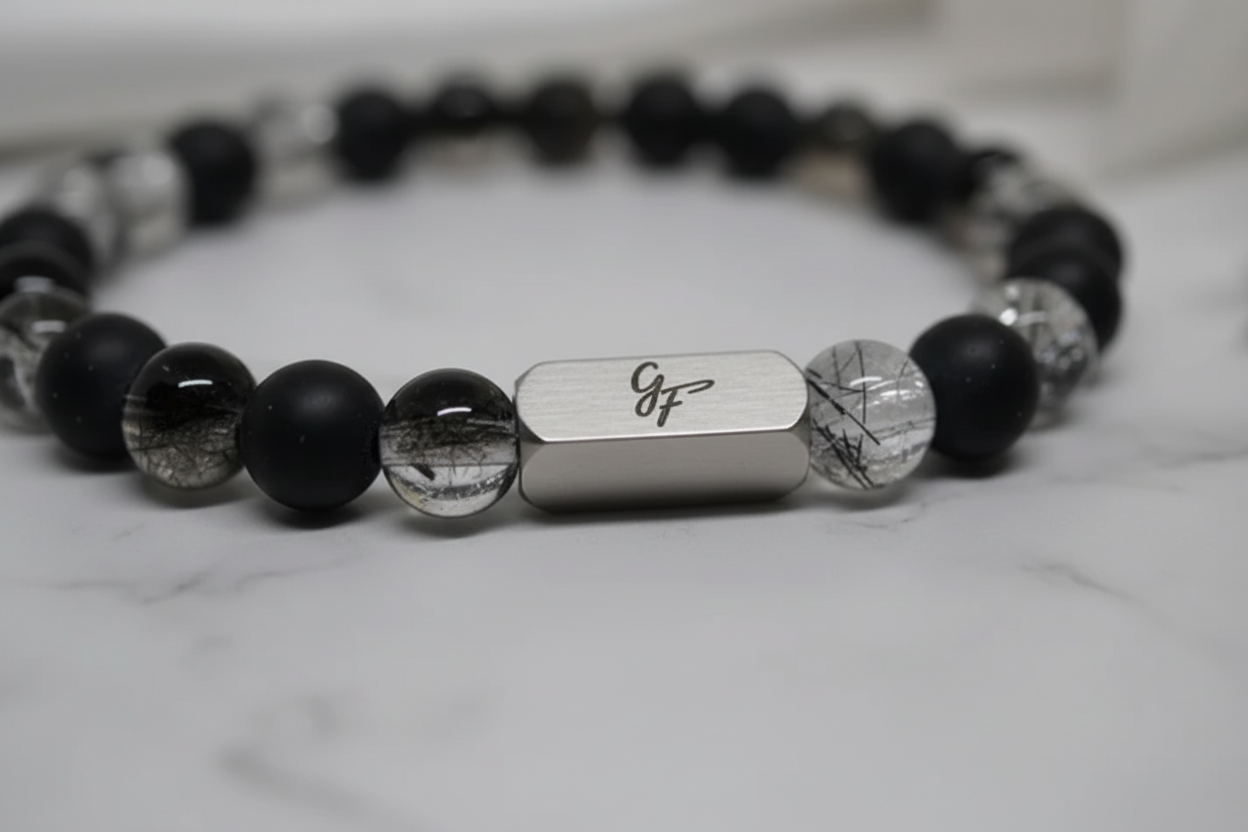 Zoom détail — Bracelet onyx & quartz tourmaliné homme